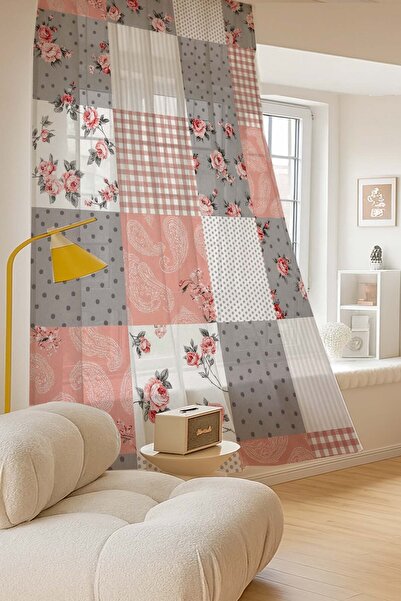 Else Dekor Grey Pink Retro Floral Pattern Digital Printing Tulle Curtain Living Room Kitchen Bedroom 140X260Cm