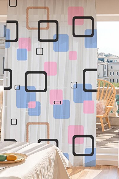 Else Dekor Blue Pink Geometric Patterned Digital Printing Tulle Curtain Living Room Kitchen Bedroom 140X260Cm