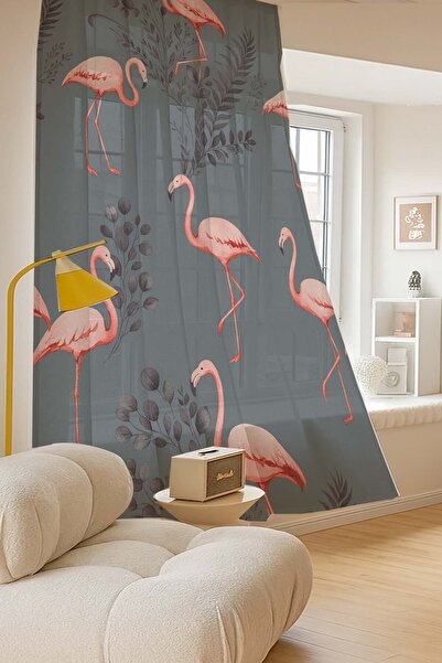 Else Dekor Pink Flamingo Gray Patterned Digital Printing Tulle Curtain Living Room Kitchen Bedroom 140X260Cm