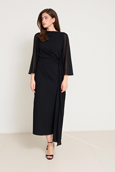 Setre Μαύρο φόρεμα με λεπτομέρεια στη μέση, στο λαιμό και στα μανίκια, άνετο κομμένο φόρεμα μεσαίου μήκους