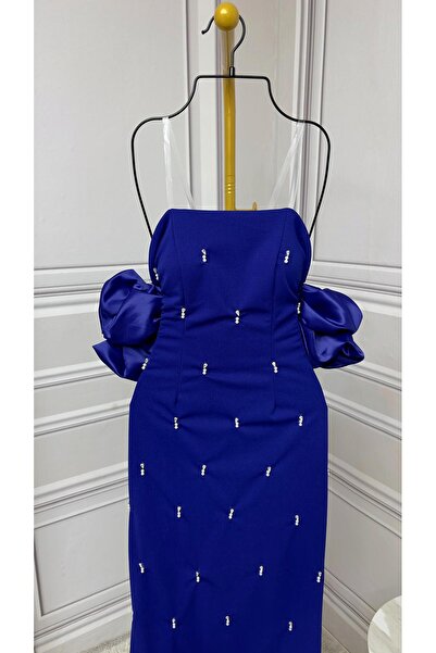 Riva Royal blue off-the-shoulder evening dress with puff sleeves and shimmering embroidery
