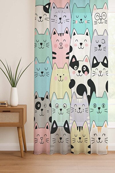Else Dekor Colorful Cats Patterned Digital Printing Tulle Curtain Living Room Kitchen Bedroom 140X260Cm