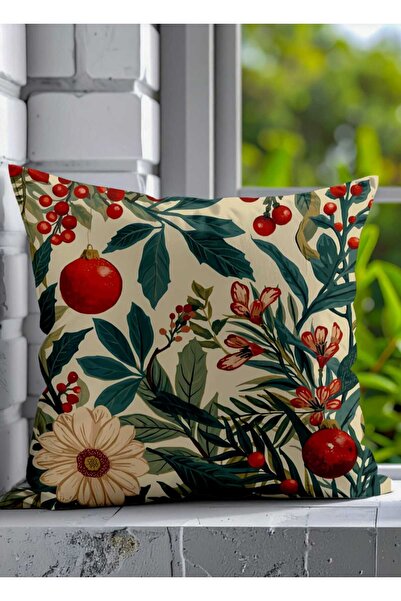 Queen Jera غطاء وسادة مزخرف بالفواكه الحمراء بطابع السنة الجديدة - نمط شتوي مع خلفية بيج 43 × 43 سم من الجلد المدبوغ