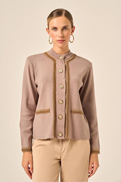 FTZ WOMEN Women's Striped Detail Cardigan Milk Coffee 25199