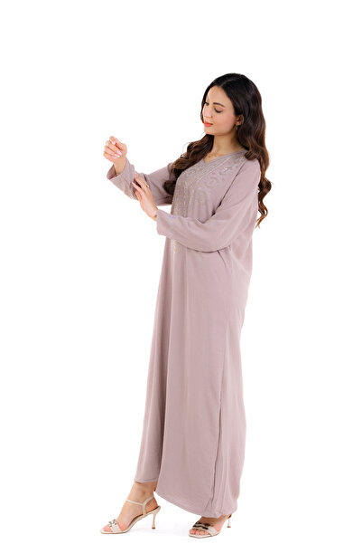 amaan Women's Long Jalabiya Dress, Embroidered Rhinestone Design, V-Neck, Floor Length