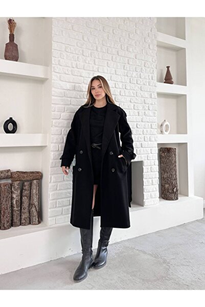 Store Kolu Kemerli Omzu Düğme Detaylı Kuşaklı Kaşe Kaban