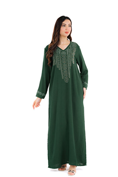 amaan Women's Long Jalabiya Dress, Embroidered Rhinestone Design, V-Neck, Floor Length