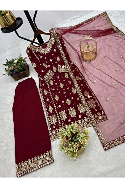 MYSMAR طقم سلوار قميص ودوباتا من قماش جورجيت صناعي بلون العنابي - HRT5126 | عنابي