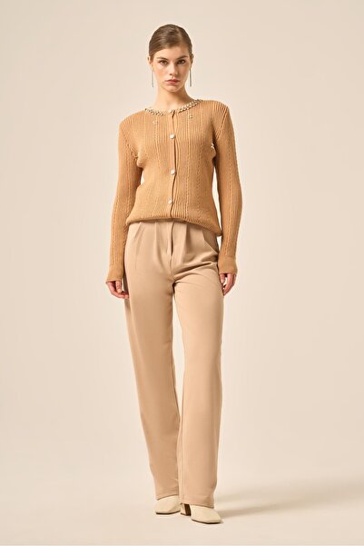 FTZ WOMEN Women's Pearl and Beyoğlu Detailed Cardigan Biscuit 25090