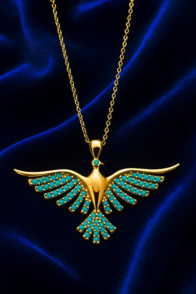 KAR DİAMOND 925 Ayar Gümüş Altın Kaplama Firuze Taşlı Zümrüdü Anka Kuşu Kolye...