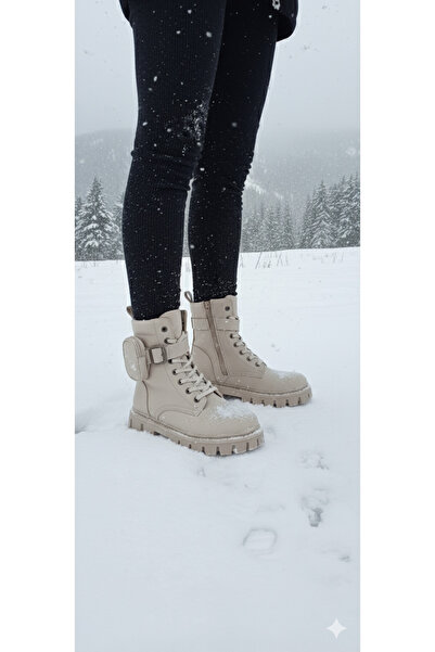 DB Cizme de damă bej cu blană în interior, cu fermoar și șireturi