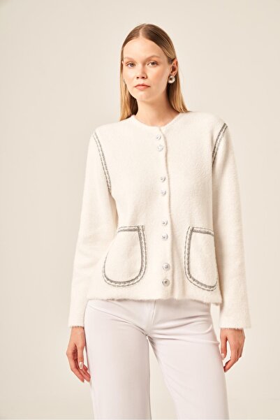 FTZ WOMEN Women's Glitter Stripe Detailed Cardigan Ecru 25087