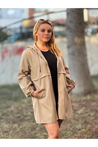 Costleyy KADIN KISA BEJ KAPÜŞONLU BÜYÜK BEDEN TRENÇKOT MONT