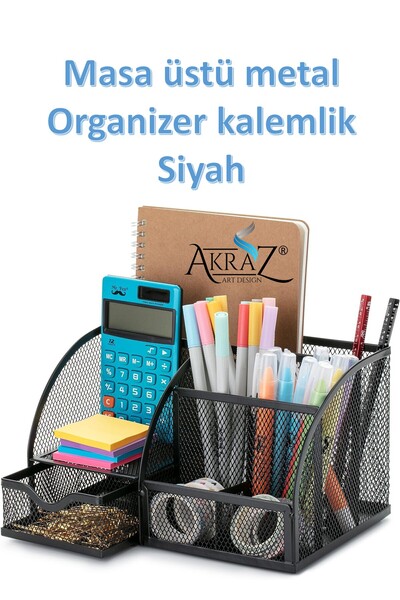 Akraz Art Design MASA ÜSTÜ METAL KALEMLİK SİYAH YEDİ GÖZLÜ (ORGANİZER MASA SE...