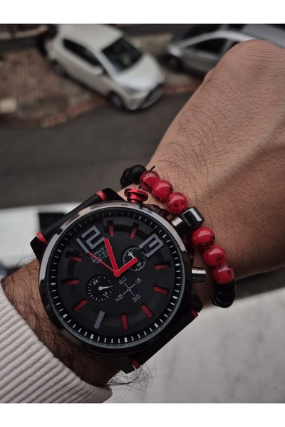 WERWOLF BAY KOL SAATİ SETİ SİYAH KIRMIZI RENK BAYRAK ÇAKMAKLI