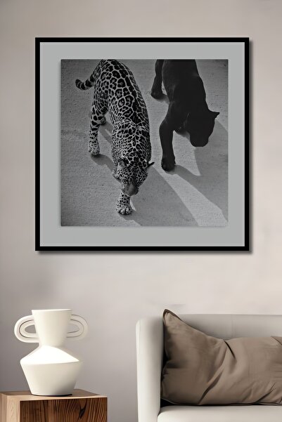Teona Ahşap Dekoratif Ahşap Dikdörtgen Tablo Leopar ve Kara Panter Çerçeve Gö...