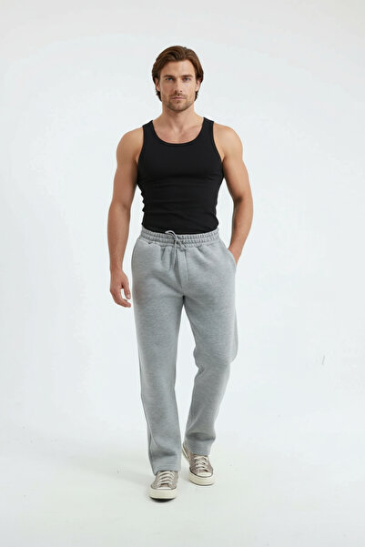 Sizce Moda Gray 3-Thread Wide-Leg Baggy Sweatpants Winter Cotton Combed Cotton with Fleece Inside Comfortable Men's Bottom Wear