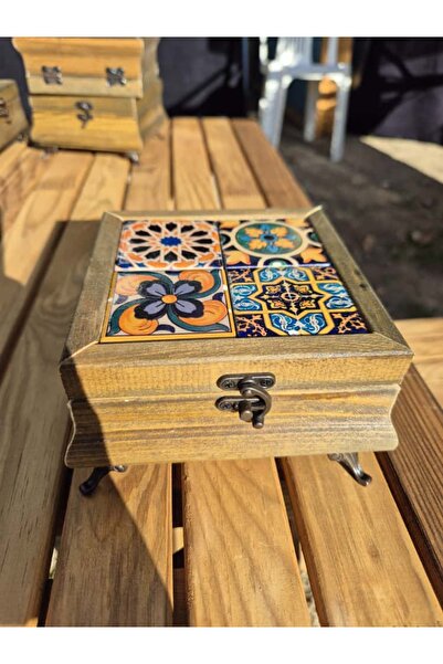 korkmaz orman ürünleri El Yapımı Çini Desen Ahşap takı mücevher kutusu 12*12 ...