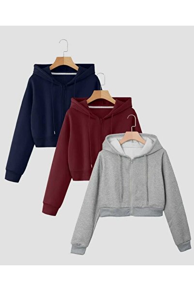 blackbonds Kapşonlu Fermuarlı Crop Hırka 3lü 3 İplik Şardonlu