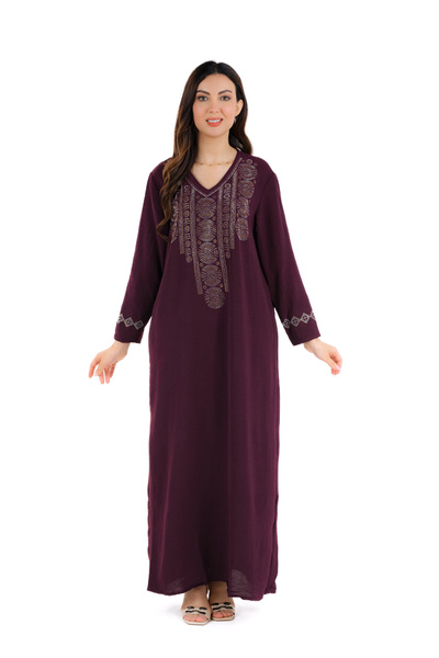 amaan Women's Long Jalabiya Dress, Embroidered Rhinestone Design, V-Neck, Floor Length