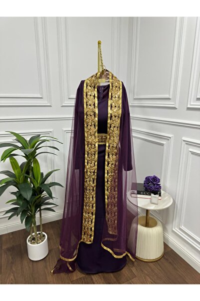 Riva Long purple dress with matching hijab and elegant gold embroidery