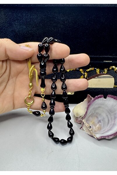 İskenderun Tesbihcilik Black Crimped Amber Prayer Beads Like Tear Drop Model Oltu