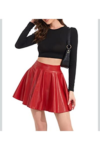 MAROVOAY Faux Leather Red Mini Flared Skirt
