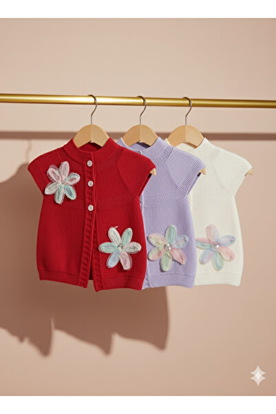 Nimini Kids New Season Flower Detailed Buttoned Knitwear Thessaloniki Knitted Baby Girl Children's Vest (0-8 Years)