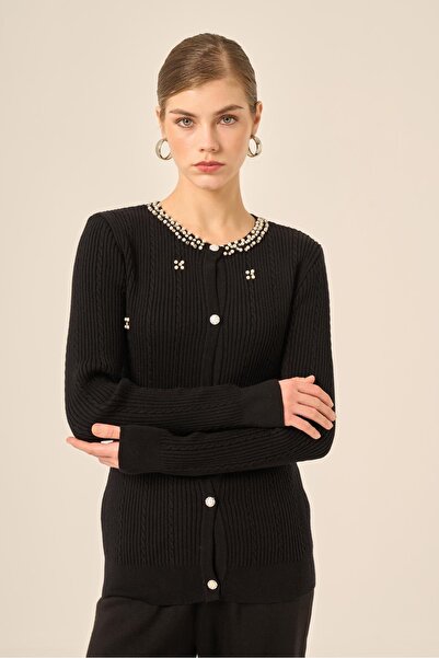 FTZ WOMEN Women's Pearl and Beyoğlu Detailed Cardigan Black 25090