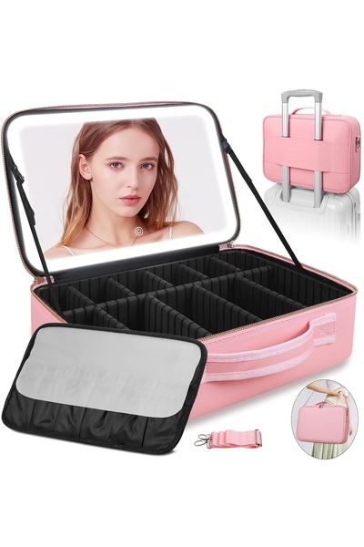 CEDAN حقيبة مكياج كبيرة للسفر مع مرآة LED، احترافية مقاس 15 بوصة مع 3 أوضاع لونية