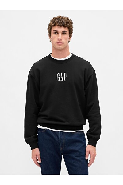 GAP Erkek Siyah Heavyweight Oversized Logo Bisiklet Yaka Sweatshirt