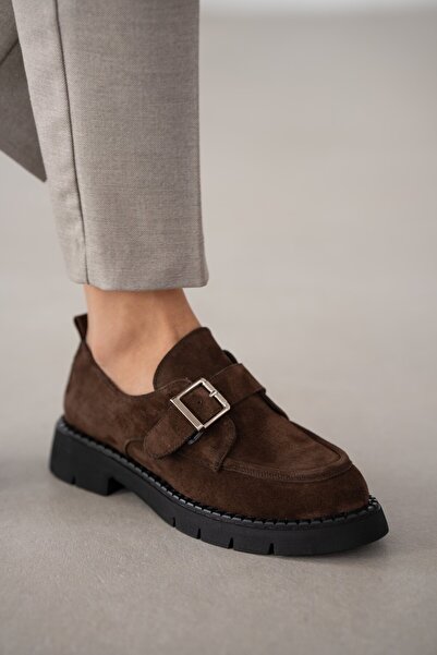 selinshoes Zeriel Genuine Leather Adjustable Buckle Detailed Women's Shoes - Brown Suede