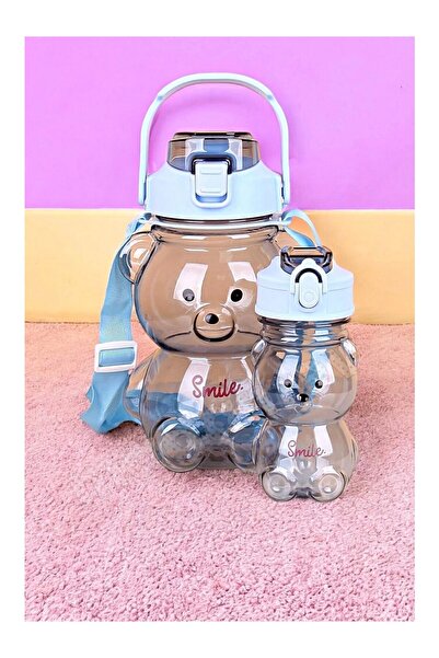 ayaz telekomünikasyon 2-Pack Transparent Smile Teddy Bear Water Bottle 1000+400ml Children's Water Bottle with Straw Leak-Proof Lid Water Bottle Set