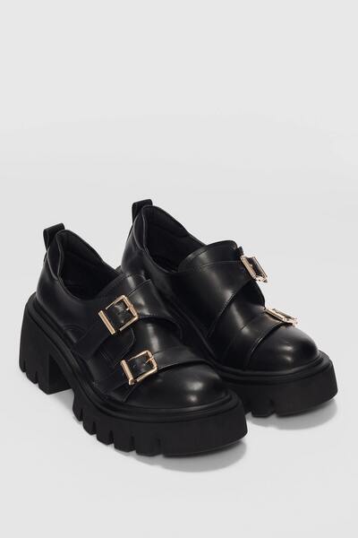 selin shoes Дамски мокасини Rost с двойна катарама и детайлна висока подметка - ЧЕРЕН