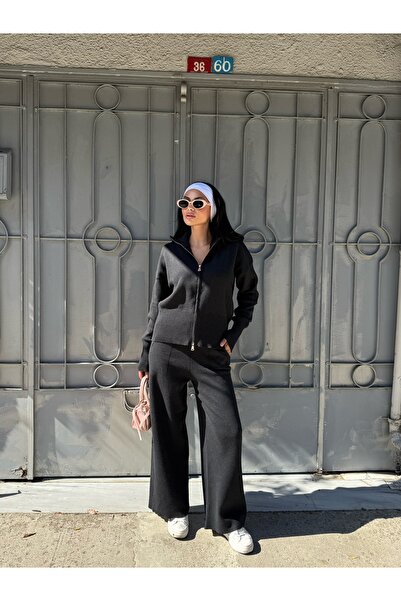 LB Laluna Butik Women's Black Zippered Cardigan and Pants Knitwear Set