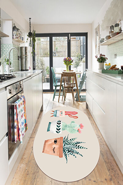 Oval Kitchen Rug with Digital Printed Washable and Non-Slip Base Cactus Pattern