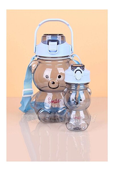 ayaz telekomünikasyon 2-Pack Transparent Smile Teddy Bear Water Bottle 1000+400ml Children's Water Bottle with Straw Leak-Proof Lid Water Bottle Set