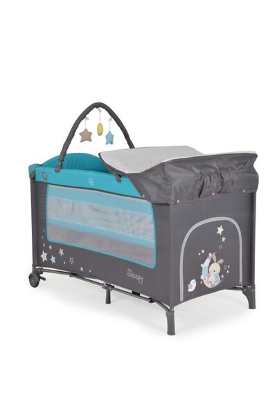 Moni Pătuț pliabil cu două niveluri Sleepy Turquoise, include saltea de înfășat și husă groasă de 1,5 cm
