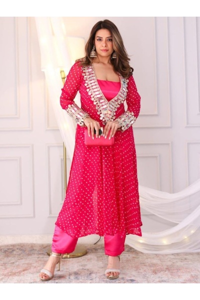 MYSMAR Neon Pink Chinon Salwar Kameez & Blouse Set - HRT2487 | Neon Pink