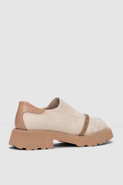 selinshoes Nivan Women's Loafer with Stone Detail on the Front - Ecru Suede