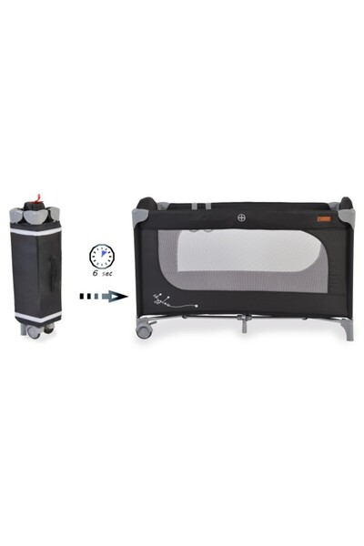 Cangaroo Pătuț pliabil cu roți pentru bebeluși, SkyGlow 1 negru, deschidere cu fermoar lateral, saltea și C