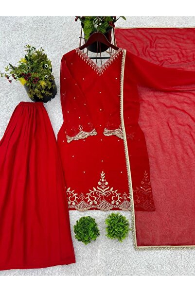 MYSMAR Red Faux Georgette Kurti Palazzo & Dupatta - HRT3329 | Red