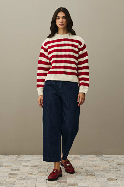 Fahhar سترة محبوكة سميكة مخططة باللون الأحمر