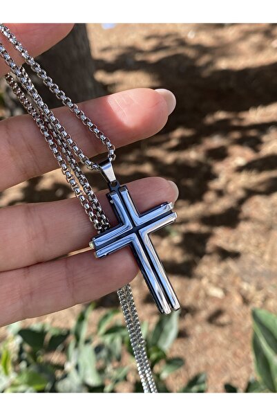 kurukafagift Paslanmaz Çelik Kolye Erkek Kalın Zincir Siyah Gümüş Renk Haç