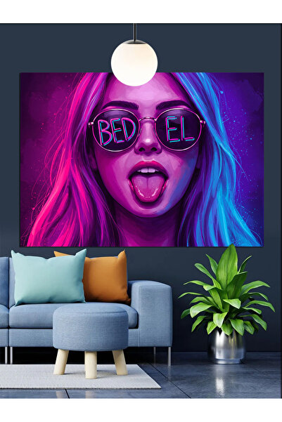 karizmart Neon Işık Gözlüklü Kadın Dekoratif Kanvas - Mdf Ahşap Tablo