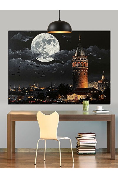 KanvasSepeti Gece Dolunay ve Galata Kulesi Yağlı boya Dokulu Yüksek kaliteli Kanvas Canvas Tablo 120 x 60 cm