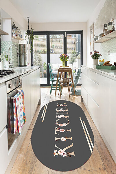 EVİMSEN Dijital Baskılı Yıkanabilir ve Kaymaz Tabanlı Çiçekli Kitchen Yazı De...