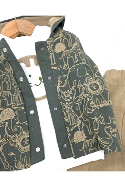 Ege Bebek Erkek Bebek Dinozor 6-9-12-18 Aylık Yelekli Müslin Altlı 3'lü Şık Takım