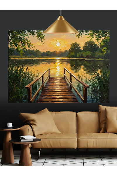 KanvasSepeti Дървен мост с изглед към езерото Маслена живопис Текстурирана ви...