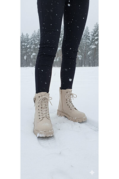 DB Kadın Bej Cep Detaylı Fermuarlı Bağcıklı İçi Kürklü Bot